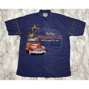 Big Dogs Men's Shirt Size‎ M Blue Woody Classic Car Palm Tree Beach Short Sleeve